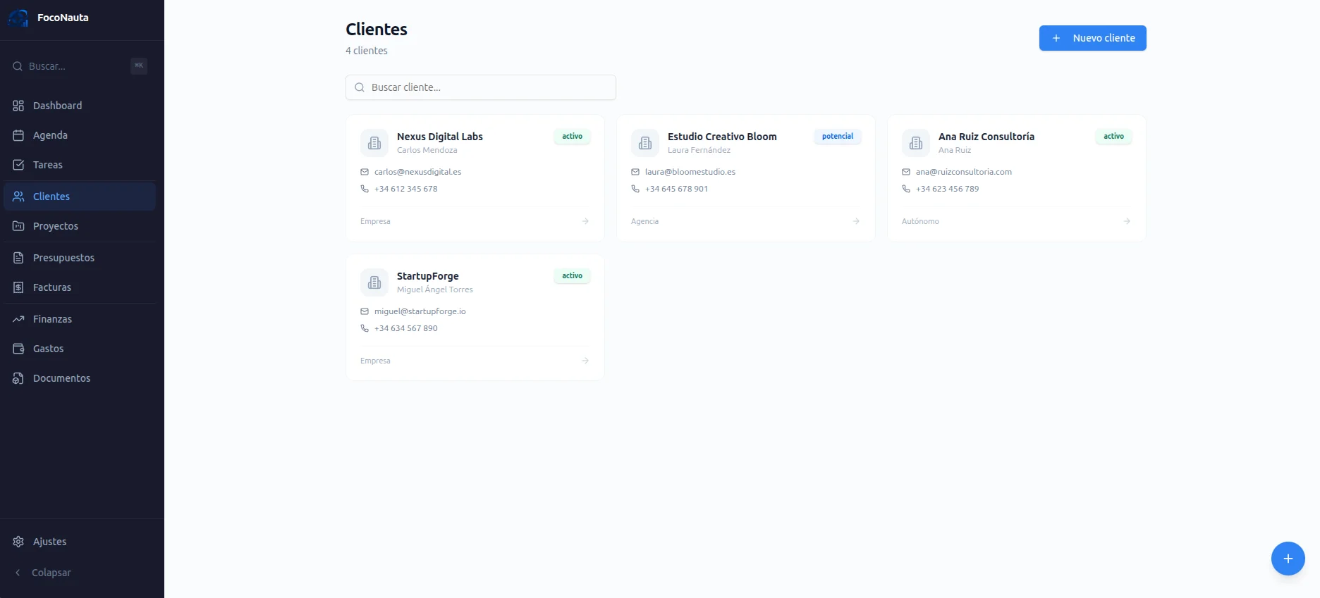 Pantalla de clientes de FocoNauta