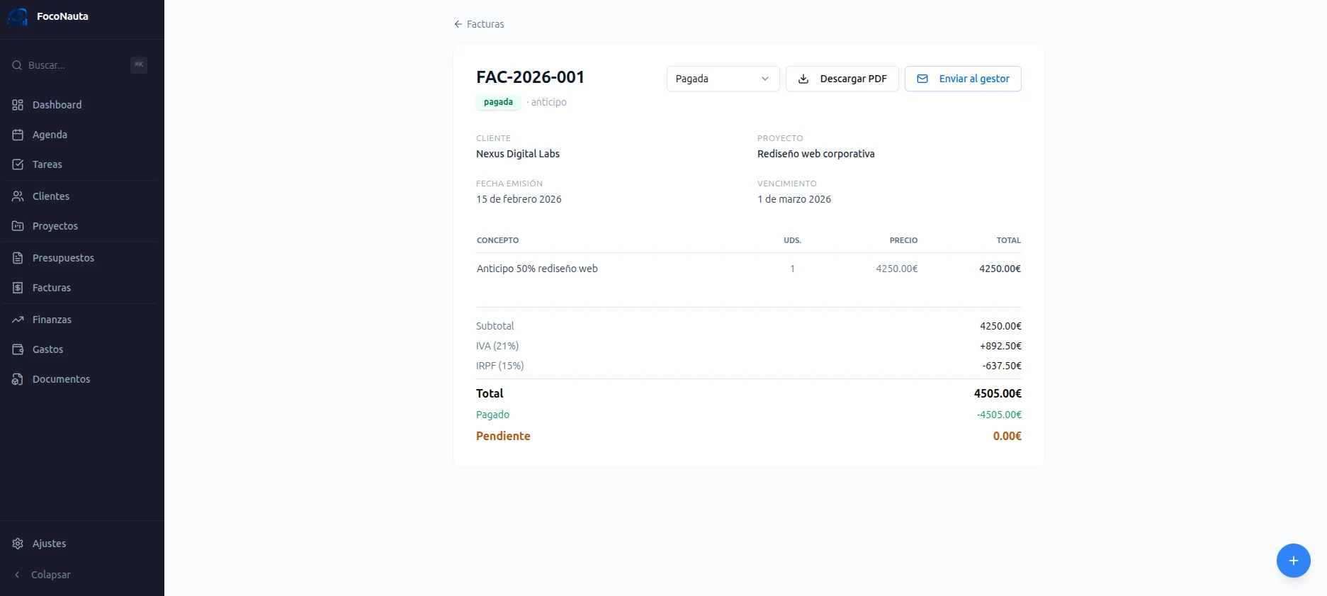 Detalle de factura dentro de FocoNauta
