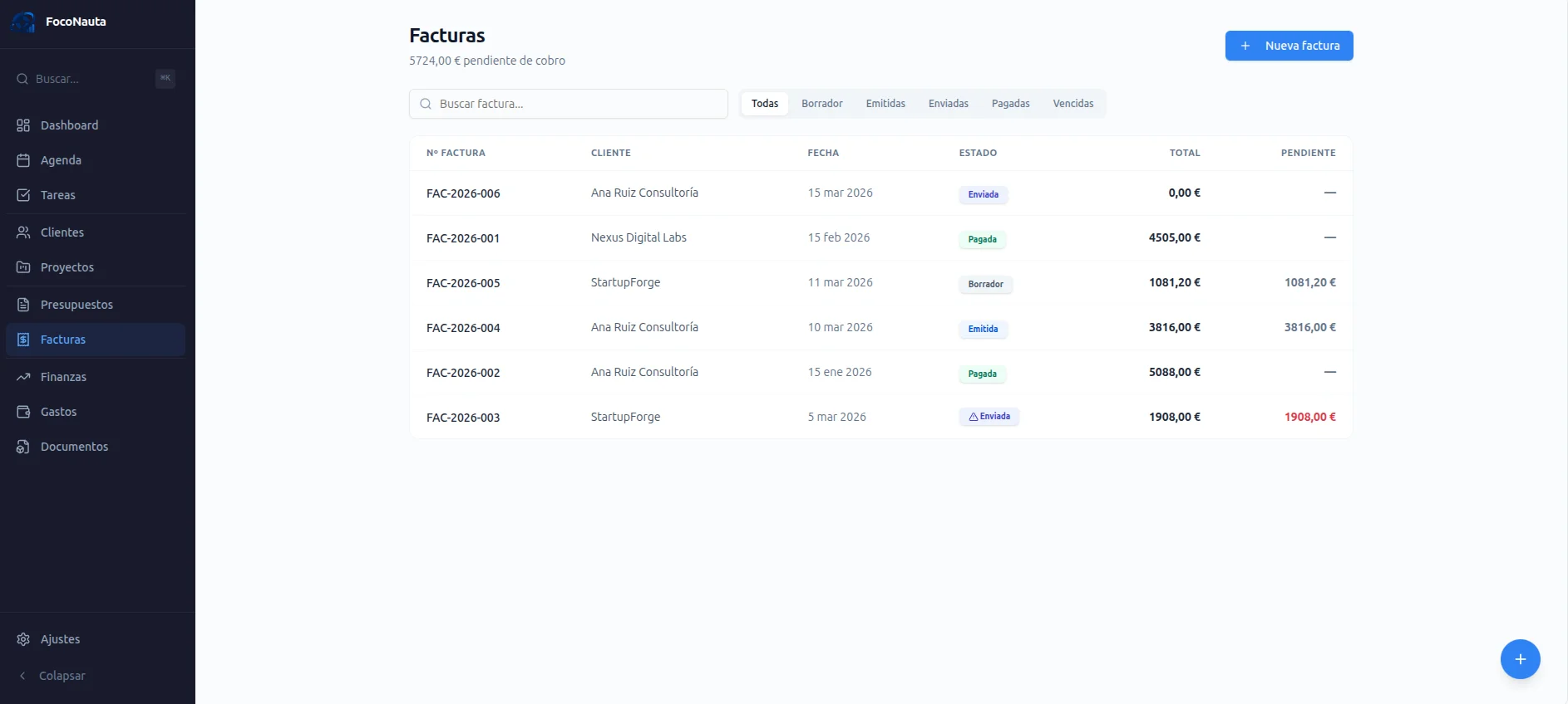 Pantalla de facturas de FocoNauta