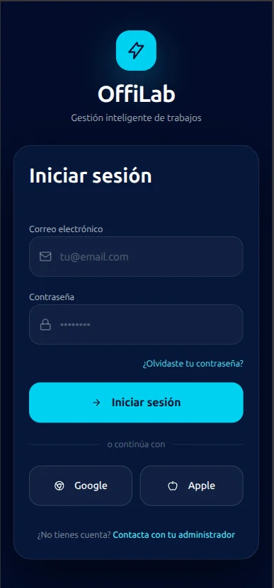 Pantalla de acceso móvil de OffiLab