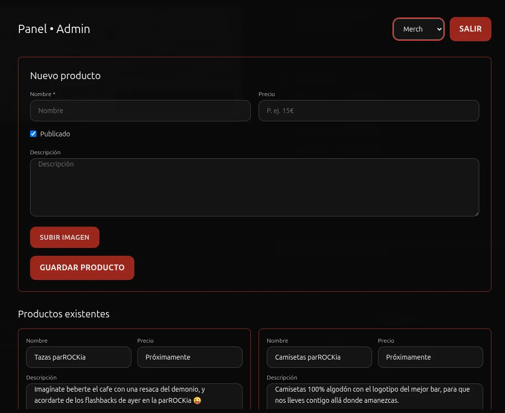 Panel de administración de ParROCKia para gestionar contenido