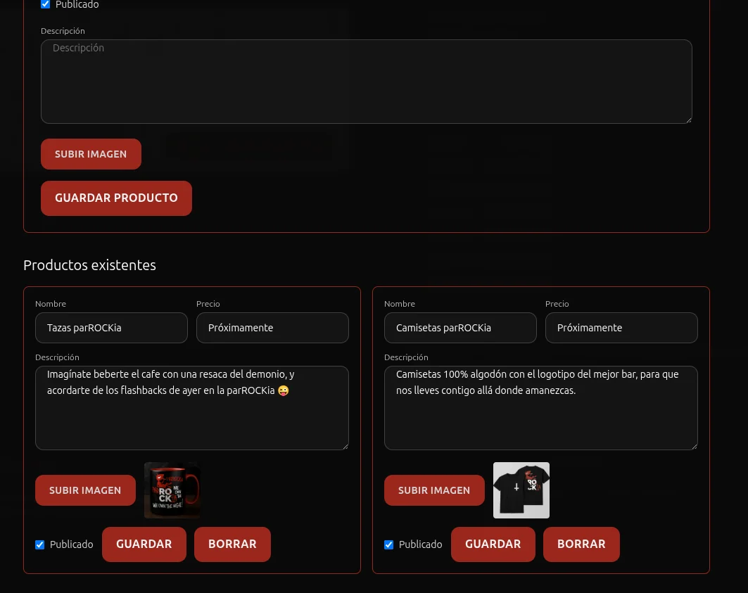 Segundo panel de administración de ParROCKia