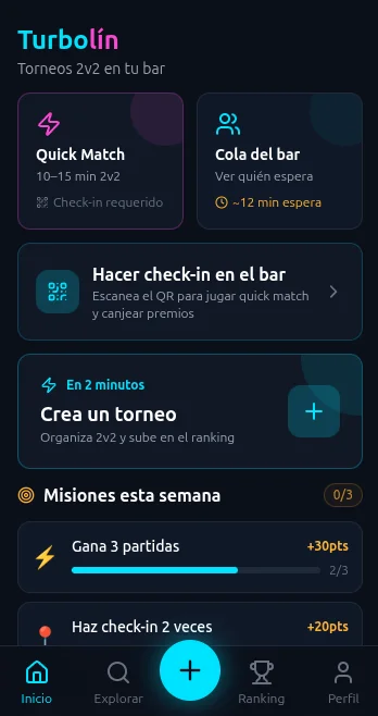 Pantalla principal de Turbolin con acceso a la experiencia de juego y torneos